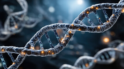 Detailed view of DNA double helix structure, showcasing its intricate design and glowing elements, symbolizes essence of life and genetic