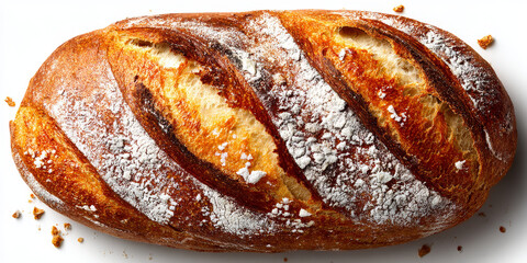 Freshly baked sourdough loaf with crispy crust and flour pattern photographed 

