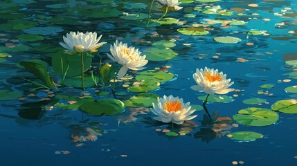 White water lilies serene pond summer sunrise nature scene