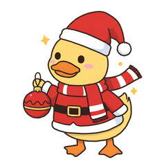 Cute Cartoon Duck in a Santa Outfit Holding a Christmas Ornament Illustration
