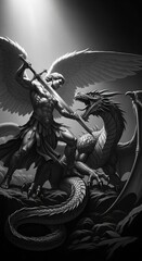 Archangel Michael Fighting a Dragon in Monochrome battle