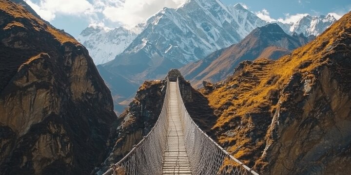 Fototapeta A high-altitude rope bridge stretching between two mountain peaks