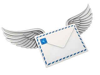 White envelope with silver wings flying against black background