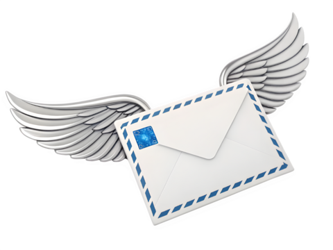 White envelope with silver wings flying against black background