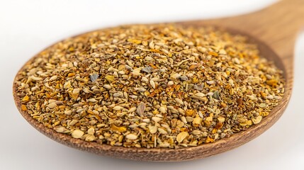 Close-up of wooden spoon holding assorted dried herbs, 50mm lens capture emphasizing natural wood grain and herb texture against clean white backdrop