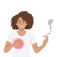 Woman Experiencing Chest Pain While Smoking. Flat Vector character illustration