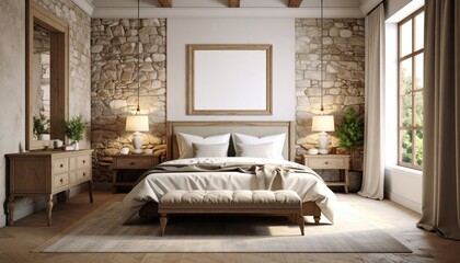 Rustic Stone Bedroom Interior with Natural Light and Blank Frame.
