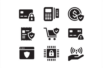 Contactless and Secure Payment Icons – NFC, Shield, and Checkout Set

