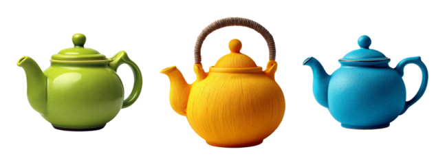 Colorful Teapots Set Isolated on Transparent Background for Design