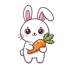 Obraz premium Cute White Cartoon Bunny Holding Carrot Illustration Isolated