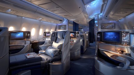 Luxurious Airplane Cabin Interior Night Flight