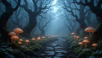 A mystical forest path illuminated by glowing mushrooms in the foggy woods