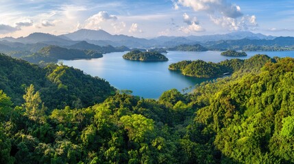Fototapeta premium Lush Green Mountains Overlooking Serene Blue Lake with Islands and Dramatic Cloudy Skies in Natural Landscape