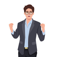 Enthusiastic businessman in a suit and glasses raises his fists in triumph, expressing confidence. Flat Vector character illustration