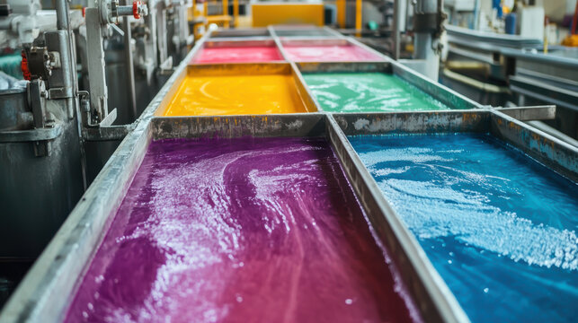 Vibrant tanks of colorful textile dye in an industrial dyeing facility, showing intense hues colors in swirling liquid form. Concept of textile production, industrial processing, and color chemistry.