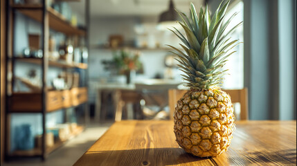 Ripe pineapple on a wooden table in a bright kitchen