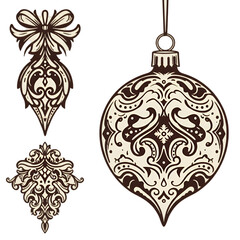 Fototapeta premium Decorative Christmas Ornaments Illustration With Brown And White Colors on Transparent Background