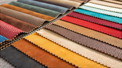  Colorful close-up samples of fabrics in leather and suede for furniture renovation , upholstery, fabrics