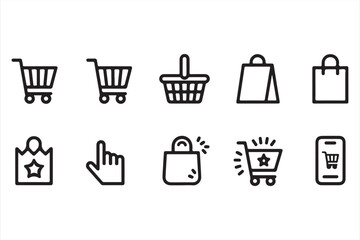 Vector Icons Set – Retail Cart, Shopping Bag, and Mobile Purchase

