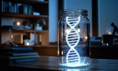 A glass jar containing an illuminated double-helix DNA model is placed on the table in front of black shelves with books and beakers - Powered by Adobe