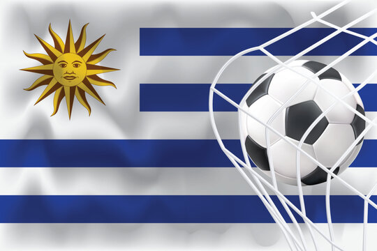 Uruguay 3D waving flag with football and net. Perfect for World Cup designs, sports marketing, patriotic visuals, social media campaigns, and South American football promotions.