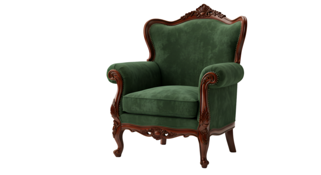 Detailed Realistic Illustration of an Elegant Green Armchair with Wooden Frame in Isolated Background - Powered by Adobe