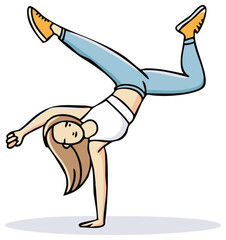 Energetic young woman performing an acrobatic one hand stand move in dynamic street dance style illustration