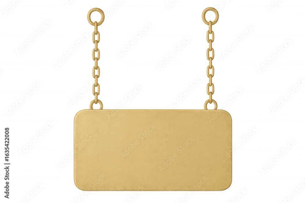 Aufkleber golden metallic rectangular sign suspended by twin chains, presenting versatile branding template ag