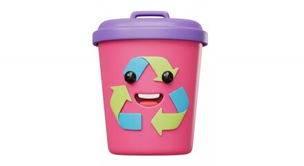 Pink recycling trash can with graphic recycle symbol