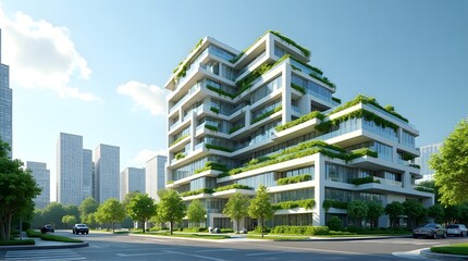 Modern eco-friendly apartment building with green terraces and vertical gardens in a sunny city.