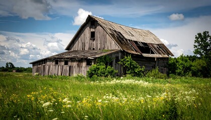 Obraz premium Rustic charm: Abandoned wooden barn in a wildflower meadow under a sunny sky
