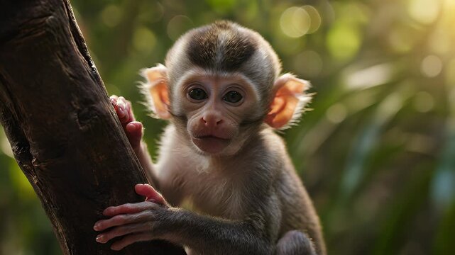 Baby monkey sitting on tree branch