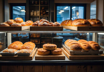 Golden croissants arranged in bakery, delicious fresh pastries for coffee and tea