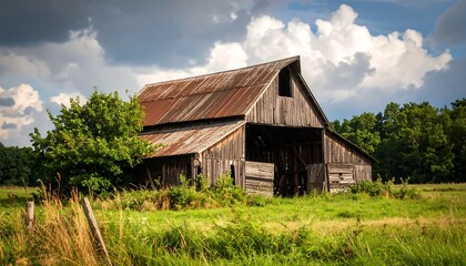 Obraz premium Rustic Charm: Weathered Barn in a Serene Landscape Under Cloudy Skies