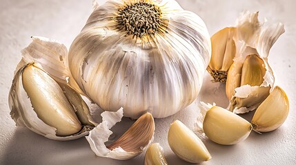 whole garlic bulb with peeled cloves arranged on white background, close-up shot with mirrorless camera and 50mm lens, soft lighting highlighting texture and color contrast