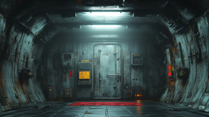 Show a dramatic, shadow-filled engine room with a generator