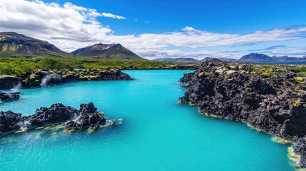 Breathtaking Turquoise Waters of a Volcanic Landscape Surrounded by Lush Greenery Under Clear Blue Sky