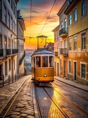 Naklejka premium Old yellow tram in Alfama street at sunset