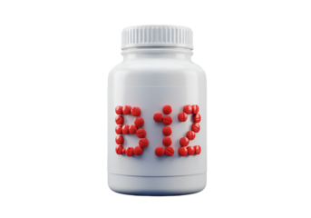 Digital Illustration Of B12 Vitamin Bottle With Red Pills On Transparent Background