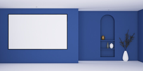 3d Render Vibrant Blue Minimalist Room with Frame Mockup and Niche. 5