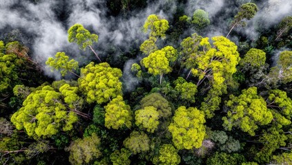 Naklejka premium Dense rainforest canopy, vibrant green trees, misty atmosphere