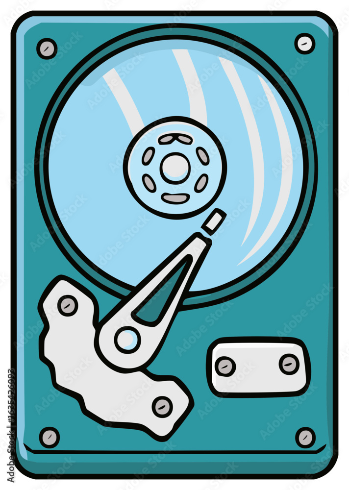 Poster open computer hard drive illustration showing internal platter and mechanism