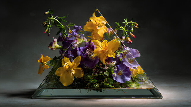 Yellow and Purple Flower Bouquet in Glass Triangle - Powered by Adobe