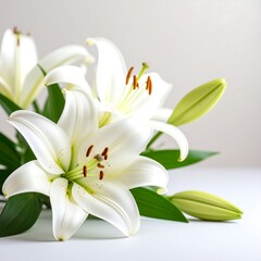 Fototapeta premium Close-up of three pristine white lilies, showcasing their elegant form and delicate details against a neutral backdrop