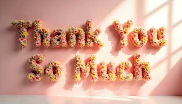 Floral 'Thank You So Much' Display on Pastel Pink Backdrop with Delicate Sunlight