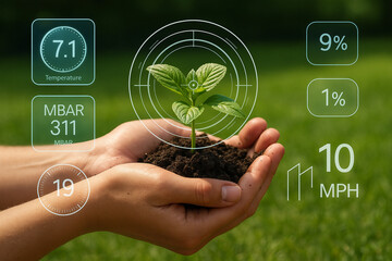 AI generated ultra realistic photo of human hands gently holding a green seedling with moist soil surrounded by futuristic HUD digital data elements showing temperature humidity and wind speed