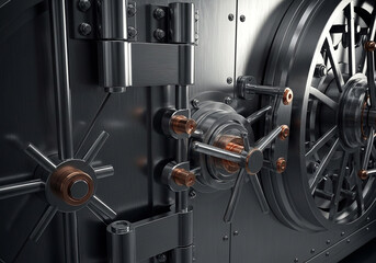 Photo of close up of a heavy bank vault door with intricate locking mechanism providing ultimate security