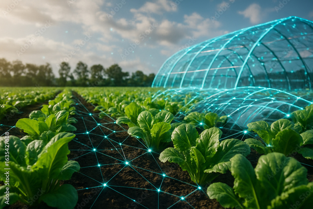 Poster ai generated green crops grow in rows under a bright sky with glowing digital networks and a futuris
