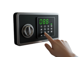 Digital Safe With Hand Entering Password on Transparent Background