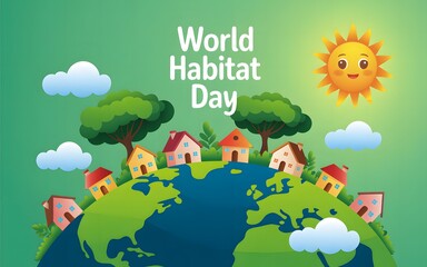 World habitat day celebration with houses on earth and smiling sun